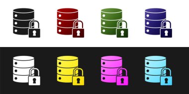 Siyah beyaz arkaplanda kapalı asma kilit simgesine sahip sunucu güvenliğini ayarlayın. Güvenlik, güvenlik, koruma kavramı. Vektör İllüstrasyonu.