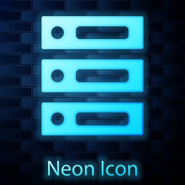 Parlayan neon sunucusu, Data, Web sunucu simgesi tuğla duvar arka planında izole edildi. Vektör İllüstrasyonu.
