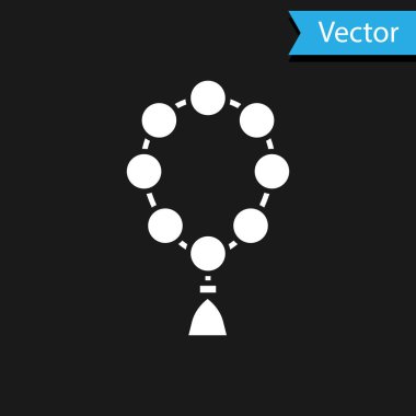 Beyaz tespih, siyah arka planda izole edilmiş din ikonu. Vektör İllüstrasyonu.