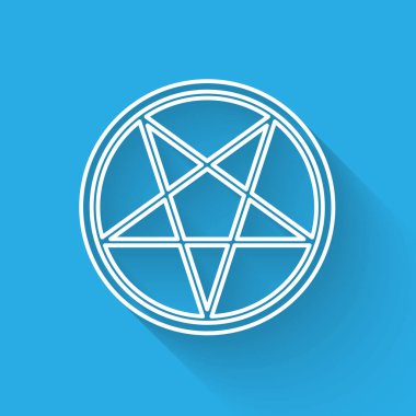 Beyaz çizgi pentagram, uzun gölgeli izole edilmiş bir daire simgesi. Sihirli okült yıldız sembolü. Vektör İllüstrasyonu.