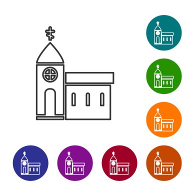 Siyah çizgi kilise binası ikonu beyaz arka planda izole edilmiş. Hıristiyan Kilisesi. Kilisenin dini. Simgeleri renk daire düğmelerine ayarla. Vektör İllüstrasyonu.