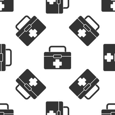 Gri ilk yardım çantası ikonu beyaz arka planda izole edilmiş pürüzsüz desen. Haçlı sağlık kutusu. Acil durumlar için tıbbi ekipman. Sağlık sigortası konsepti. Vektör İllüstrasyonu.