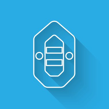 Beyaz çizgili Rafting tekne ikonu uzun gölgeli izole edilmiş. Şişme bot. Su sporları, ekstrem sporlar, tatil, tatil. Vektör İllüstrasyonu.