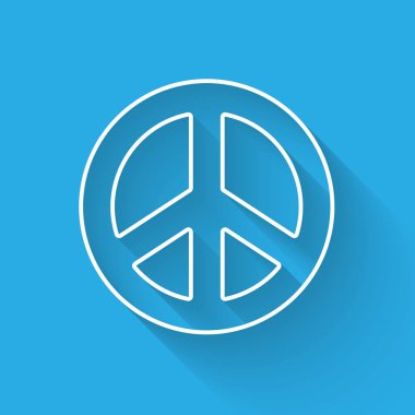 Beyaz çizgi barış simgesi uzun gölgelerle izole edilmiş. Hippi barış sembolü. Vektör İllüstrasyonu.