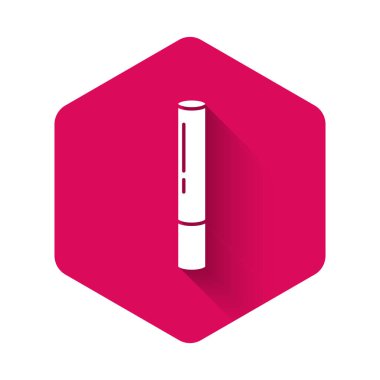 Beyaz marihuana mekanı, uzun gölgeli izole edilmiş ot ikonu. Uyuşturuculu sigara, esrar sarılmış sigara. Pembe altıgen düğmesi. Vektör İllüstrasyonu.