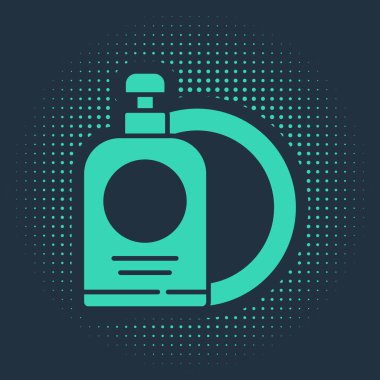 Mavi arka planda yeşil bulaşık deterjanı ve tabak ikonu var. Bulaşık yıkamak için sıvı deterjan. Soyut çember rastgele noktalar. Vektör İllüstrasyonu.