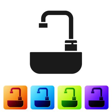 Beyaz arka planda su musluğu ikonu olan siyah lavabo. Renkli kare düğmelerle simgeleri ayarla. Vektör İllüstrasyonu.