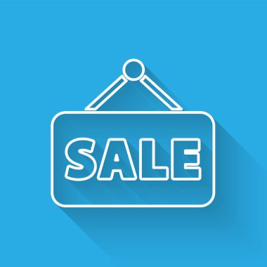 Beyaz çizgili uzun gölgeli metin satışı simgesi. Mesaj indirimli tabela. Vektör İllüstrasyonu.