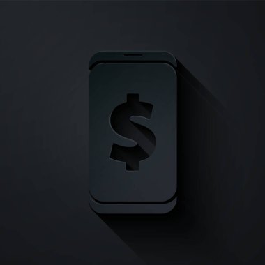 Kağıt, siyah arka planda dolar sembolü simgesi olan akıllı telefonu kesti. İnternetten alışveriş konsepti. Finansal cep telefonu. Çevrimiçi ödeme. Kağıt sanatı tarzı. Vektör İllüstrasyonu.