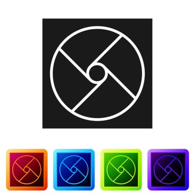 Beyaz arkaplanda siyah havalandırma simgesi izole edildi. Renkli kare düğmelerle simgeleri ayarla. Vektör İllüstrasyonu.