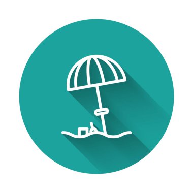 Kumsal ikonu için beyaz çizgi güneş koruyucu şemsiye uzun gölgeli izole. Açık alan için büyük bir şemsiye. Plaj şemsiyesi Yeşil daire düğmesi. Vektör İllüstrasyonu.