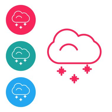 Beyaz zemin üzerinde kar ikonu olan kırmızı çizgi bulutu. Kar taneli bulut. Tek hava ikonu. Kar tabelası. Simgeleri daire düğmelerine ayır. Vektör İllüstrasyonu.