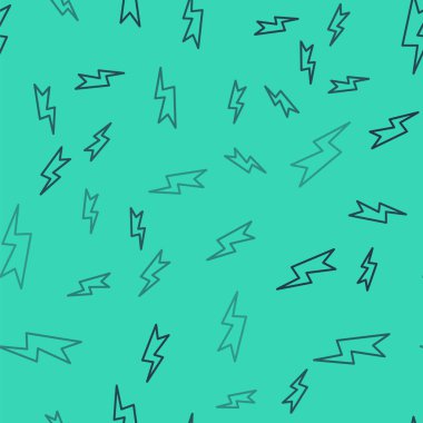 Siyah çizgi Şimşek simgesi yeşil arka planda izole edilmiş pürüzsüz desen. Flaş işareti. Flaş ikonunu yükle. Gök gürültüsü. Yıldırım çarpması. Vektör İllüstrasyonu.