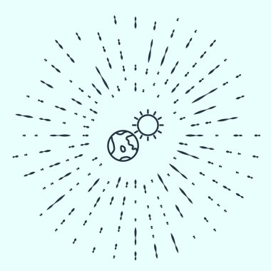 Dünya 'nın kara çizgisi ve güneş ikonu gri arkaplanda izole edilmiş. Dünya ya da Dünya işareti. Küresel internet sembolü. Geometrik şekiller. Soyut çember rastgele noktalar. Vektör İllüstrasyonu.