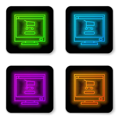 Parlayan neon hattı alışveriş arabası beyaz arkaplanda izole edilmiş bilgisayar simgesinde. Konsept e-ticaret, e-ticaret, online iş pazarlama. Siyah kare düğme. Vektör İllüstrasyonu.