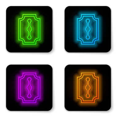 Parlayan neon çizgisi Blade jilet simgesi beyaz arkaplanda izole edildi. Siyah kare düğme. Vektör İllüstrasyonu.