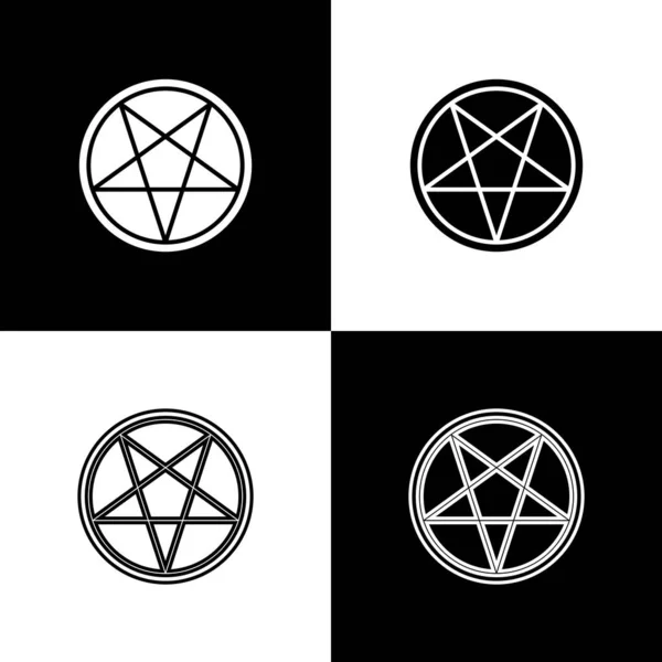 Set Pentagram Circle Icon Isolated Black White Background Magic Occult — Stock Vector