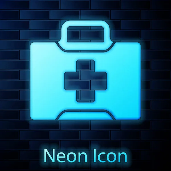 Glödande Neon Första Hjälpen Kit Ikon Isolerad Tegel Vägg Bakgrund — Stock vektor