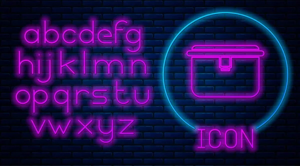 Leuchtende Neon Lunchbox Symbol Isoliert Auf Backsteinwand Hintergrund Neonlicht Alphabet — Stockvektor
