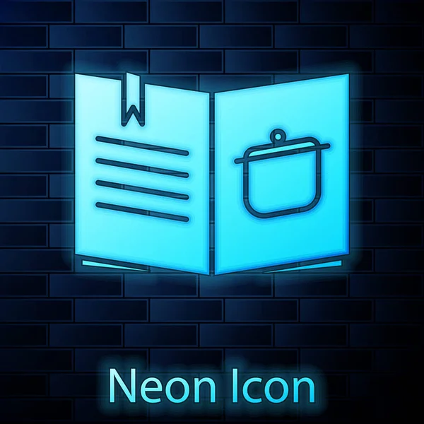 Glödande Neon Kokbok Ikon Isolerad Tegel Vägg Bakgrund Matlagningsbok Ikon — Stock vektor