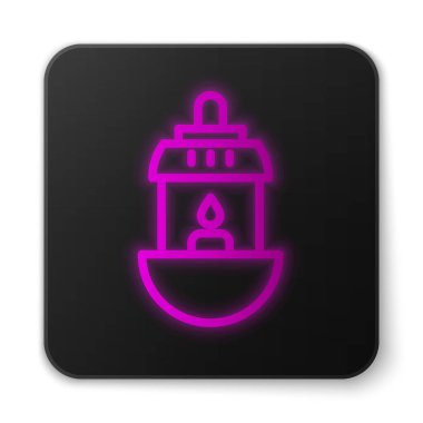 Parlak neon hattı Ramazan Kareem fener ikonu beyaz arkaplanda izole edildi. Siyah kare düğme. Vektör İllüstrasyonu.