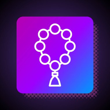 Beyaz çizgili tespih, siyah arka planda izole edilmiş din ikonunu temsil ediyor. Kare renk düğmesi. Vektör İllüstrasyonu.