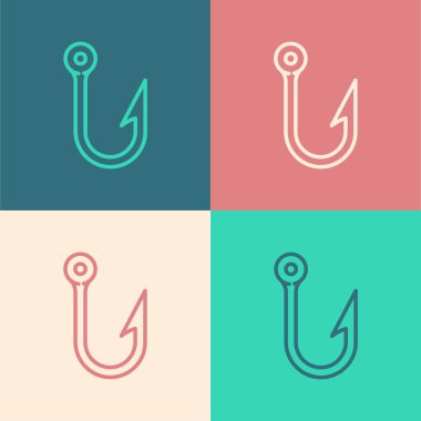 Pop sanat serisi olta kancası renkli arka planda izole edilmiş. Balık oltası. Vektör İllüstrasyonu.