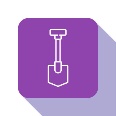 Beyaz çizgi küreği simgesi beyaz arkaplanda izole edildi. Bahçe aletleri. Bahçecilik, tarım, çiftçilik aleti. Mor kare düğme. Vektör İllüstrasyonu.