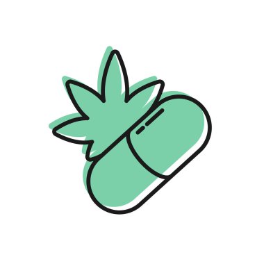 Esrar ya da kenevir yaprağı ikonu içeren siyah çizgi tıbbi haplar beyaz arka planda izole edilmiş. Kavanozlardaki kenevir yağı özlerini taklit et. Vektör İllüstrasyonu.