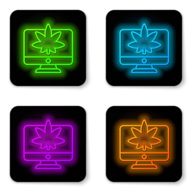 Parlayan neon hattı bilgisayar monitörü ve tıbbi marihuana veya kenevir yaprağı ikonu beyaz arka planda izole edilmiş. İnternetten satın alma. Süpermarket sepeti. Siyah kare düğme. Vektör İllüstrasyonu.