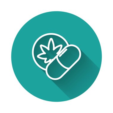 Beyaz çizgi bitkisel ekstazi hapları ikonu uzun gölgeli izole edilmiş. Yeşil daire düğmesi. Vektör İllüstrasyonu.