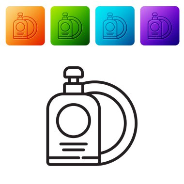 Siyah çizgili bulaşık deterjanı şişesi ve plaka simgesi beyaz arka planda izole edilmiş. Bulaşık yıkamak için sıvı deterjan. Renkli kare düğmelerle simgeleri ayarla. Vektör İllüstrasyonu.