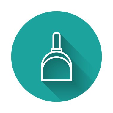 Beyaz çizgi faraş simgesi uzun gölgeli izole edilmiş. Temizlik işleri. Yeşil daire düğmesi. Vektör İllüstrasyonu.