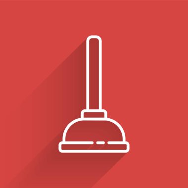 Boru temizleme ikonu için ahşap saplı, uzun gölgeli beyaz çizgili kauçuk pompa. Tuvalet pompası. Vektör İllüstrasyonu.