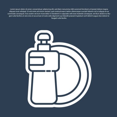 Mavi çizgi, bulaşık deterjanı şişesi ve plaka simgesi mavi arka planda izole edilmiş. Bulaşık yıkamak için sıvı deterjan. Vektör İllüstrasyonu.