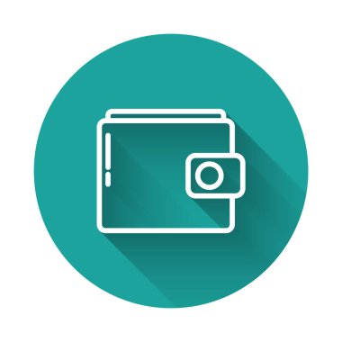 Beyaz çizgili Cüzdan simgesi uzun gölgeli. Çanta ikonu. Nakit tasarruf sembolü. Yeşil daire düğmesi. Vektör İllüstrasyonu.