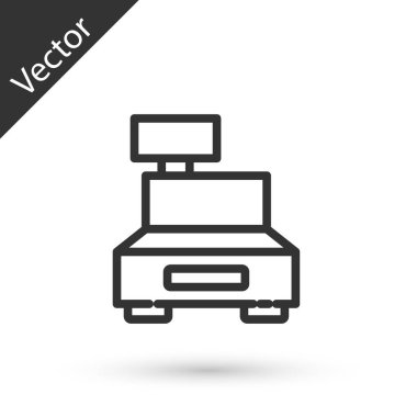 Beyaz arka planda izole edilmiş bir çek simgesi olan gri çizgi yazar kasa makinesi. Kasiyer tabelası. Tabut sembolü. Vektör İllüstrasyonu.