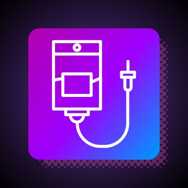 Beyaz çizgi IV çanta ikonu siyah arkaplanda izole edildi. Kan torbası. Kan bağışı konsepti. Tedavi ve terapi kavramı, kemoterapi. Kare renk düğmesi. Vektör İllüstrasyonu.