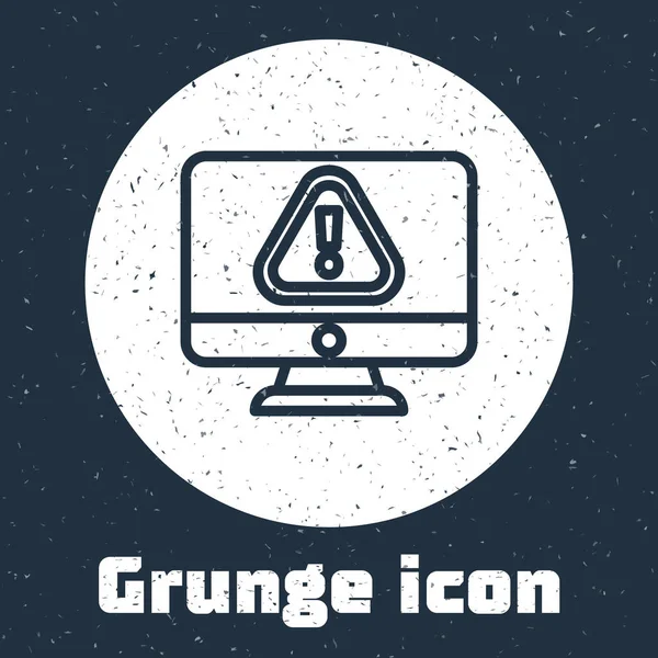 Grunge Line Computermonitor Mit Ausrufezeichen Symbol Isoliert Auf Grauem Hintergrund — Stockvektor