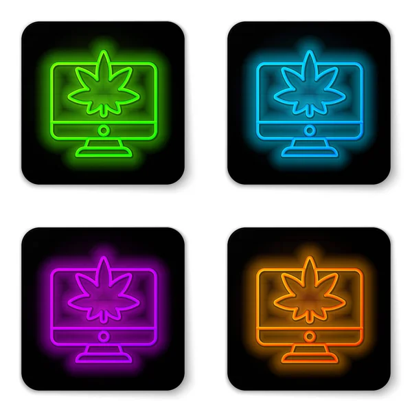 Świecąca Neonowa Linia Monitor Komputerowy Medyczna Marihuana Lub Ikona Liści — Wektor stockowy