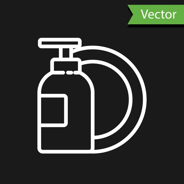 Weiße Linie Spülmittelflasche Und Tellersymbol Isoliert Auf Schwarzem Hintergrund Flüssigwaschmittel — Stockvektor