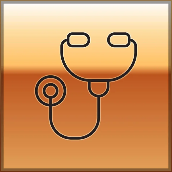 Icono Instrumento Médico Stethoscope Línea Negra Aislado Sobre Fondo Dorado — Vector de stock