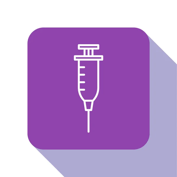 白线注射器图标孤立在白色背景 疫苗注射器 注射器 流感疫苗 医疗设备 紫色正方形按钮 病媒图解 — 图库矢量图片