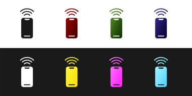 Kablosuz akıllı telefon simgesini siyah beyaz arkaplanda izole et. Vektör.
