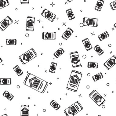 Akıllı telefon ikonundaki Siyah Hat Çevrimiçi emlak evi beyaz arka plandaki kusursuz deseni izole etti. Ev kredisi konsepti, kira, satın alma, mülk alma. Vektör.