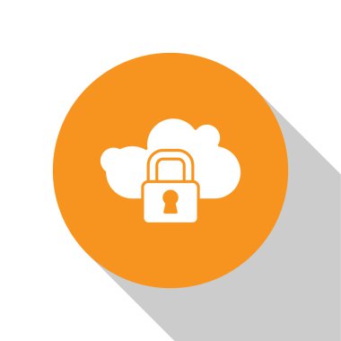 Beyaz Bulut bilgisayar kilidi simgesi beyaz arkaplanda izole edildi. Güvenlik, güvenlik, koruma kavramı. Kişisel verilerin korunması. Turuncu daire düğmesi. Vektör.