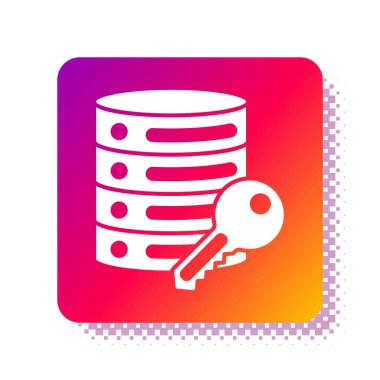 Beyaz arkaplanda anahtar simgesi olan Beyaz Sunucu güvenliği. Güvenlik, güvenlik, koruma kavramı. Kare renk düğmesi. Vektör.