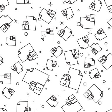 Siyah çizgi Belgesi ve kilit simgesi beyaz arkaplanda izole edilmiş kusursuz desen. Dosya biçimi ve asma kilit. Güvenlik, güvenlik, koruma kavramı. Vektör.