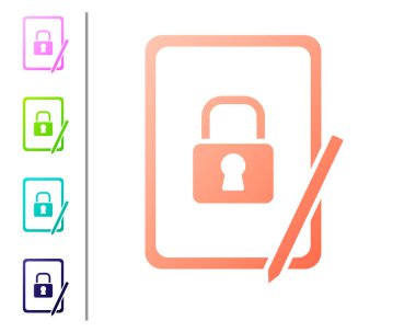 Beyaz zemin üzerinde kapalı asma kilit simgesi olan mercan grafiksel tablet. Kilitli telefon. Gezici güvenlik, güvenlik, koruma konsepti. Renk simgelerini ayarla. Vektör.