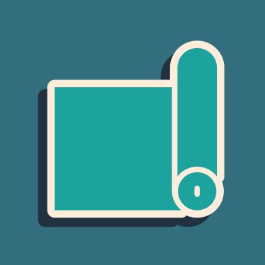 Yeşil Fitness hasırı yuvarlama simgesi yeşil arkaplanda izole edildi. Yoga minderi yuvarlandı. Spor malzemeleri. Uzun gölge tarzı. Vektör.